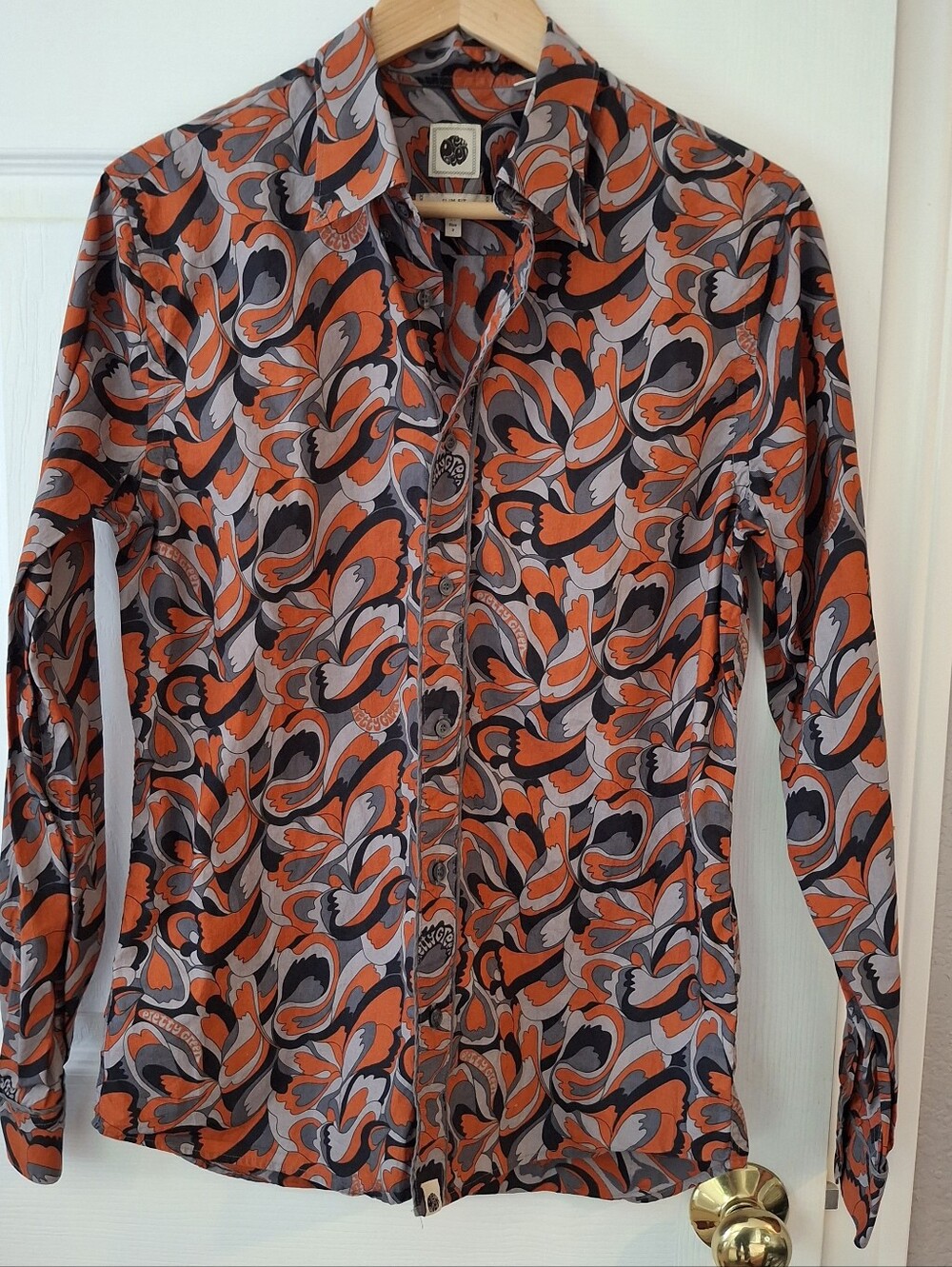 Pretty Green Mens Retro 70s Print Button Up Shirt Sz S Slim Fit Musician UK